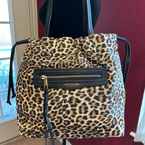 London Fog Leopard Print Tote Bag Zip Top Purse w/ Side Pulls Large - Picture 2 of 8